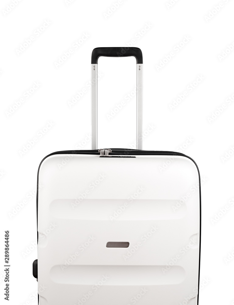 Plastic travel suitcase. White suitcase isolated on white background. Polycarbonate suitcase isolated on white. White suitcase. Plastic travel suitcase. White suitcase isolated on white background. Polycarbonate suitcase isolated on white. White suitcase.