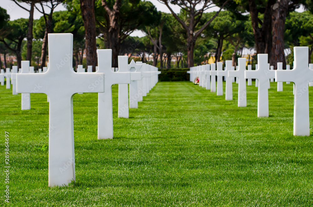 White crosses in American Cemetery. Sicily – Rome American Cemetery and Memorial in Nettuno Italy