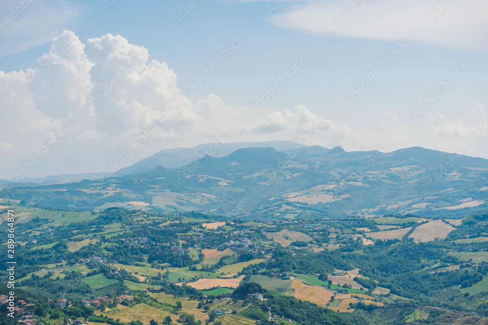 Italian landscape of green mountains. Italian hills view from above. 