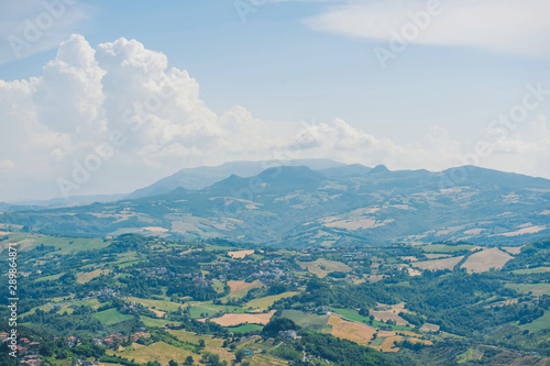 Italian landscape of green mountains. Italian hills view from above. 