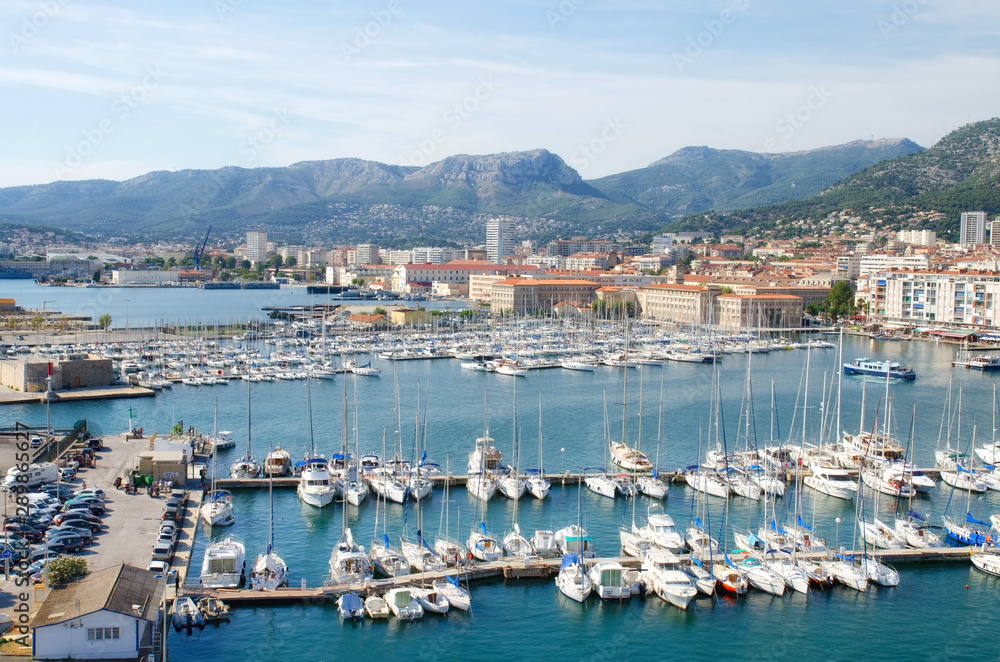 Aerial view of Yachts and boats in the Toulon port in Cote de Azur provence in sothern France .