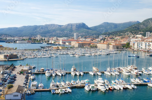 Aerial view of Yachts and boats in the Toulon port in Cote de Azur provence in sothern France .