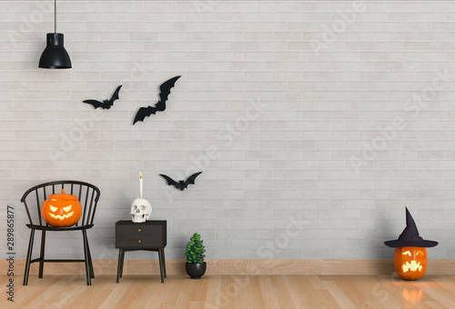 3D render of Halloween party in living room and pumpkins, jack-o-lantern
