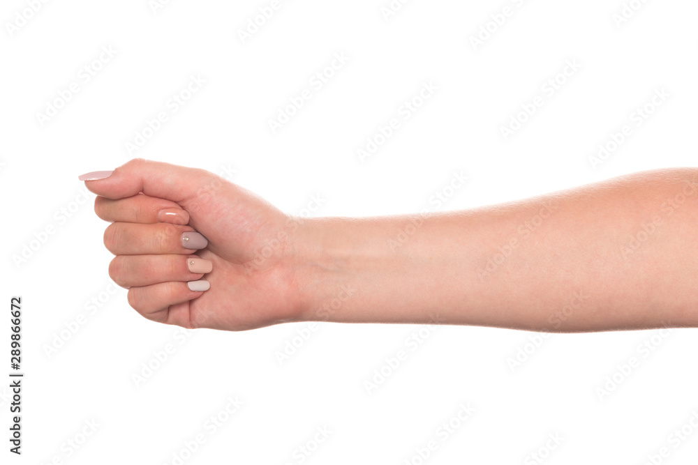 Hand of a young woman with beautiful manicure isolated on white background Hand of a young woman with beautiful manicure isolated on white background