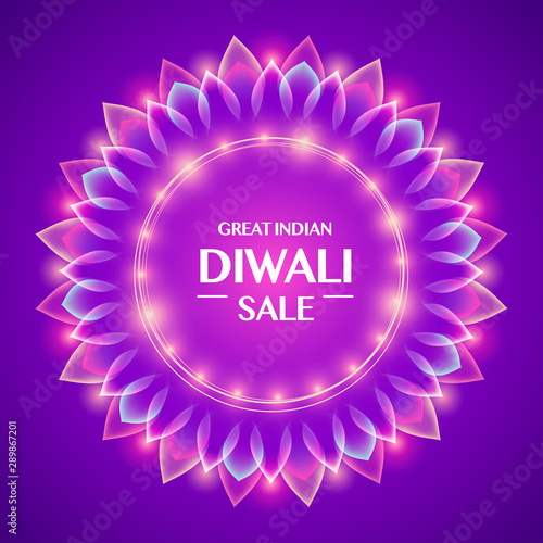 Great Indian Diwali festival big sale. Background with luminous flower Rangoli.