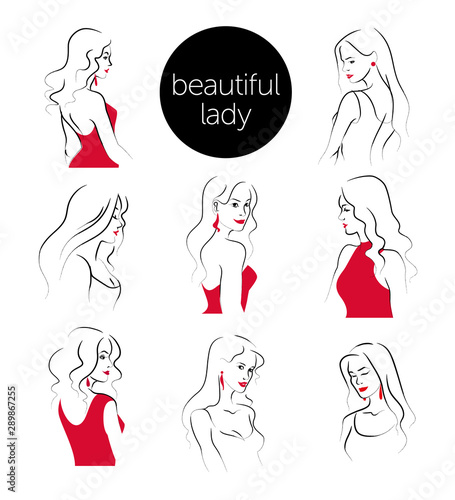 Vector hand drawn portrait of young beautiful lady with long hair in cocktail dress isolated on white background. Sketch minimal style. Concept for ladies night party, girl fashion, vogue style beauty