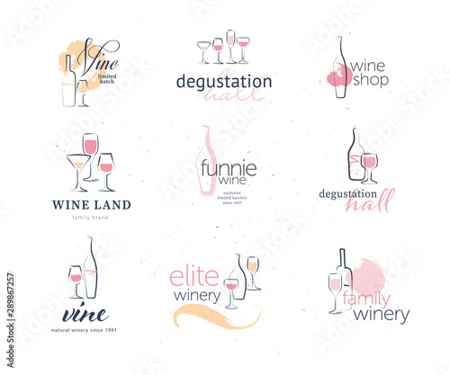 Vector alcohol logo set with hand drawn textured bottles elements design isolated on white background. Sketch style. For winery insignia, degustation hall emblem, wine shop badge, alcohol label.