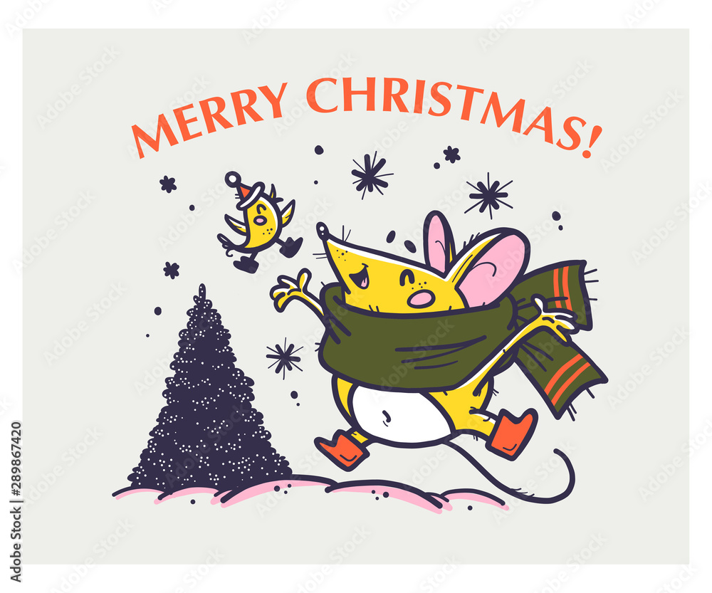 Vector Merry Christmas hand drawn funny mouse character in scarf jump happy, little bird fly and fir tree on white background. For xmas card, print, gift decor, sticker, congratulation packaging.