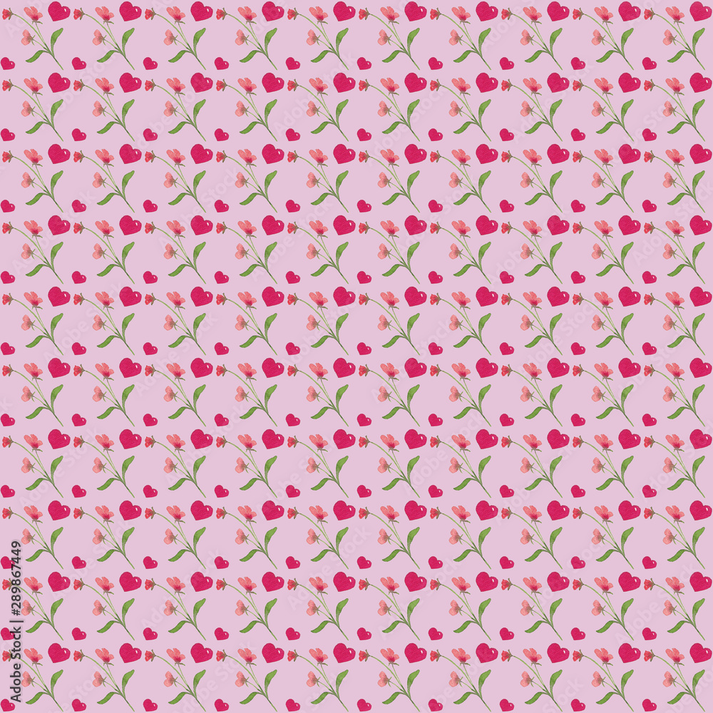 Pink background seamless of pink cute delicate watercolor flowers and hearts. Background for valentines day greetings, wedding invitations Pink background seamless of pink cute delicate watercolor flowers and hearts. Background for valentines day greetings, wedding invitations