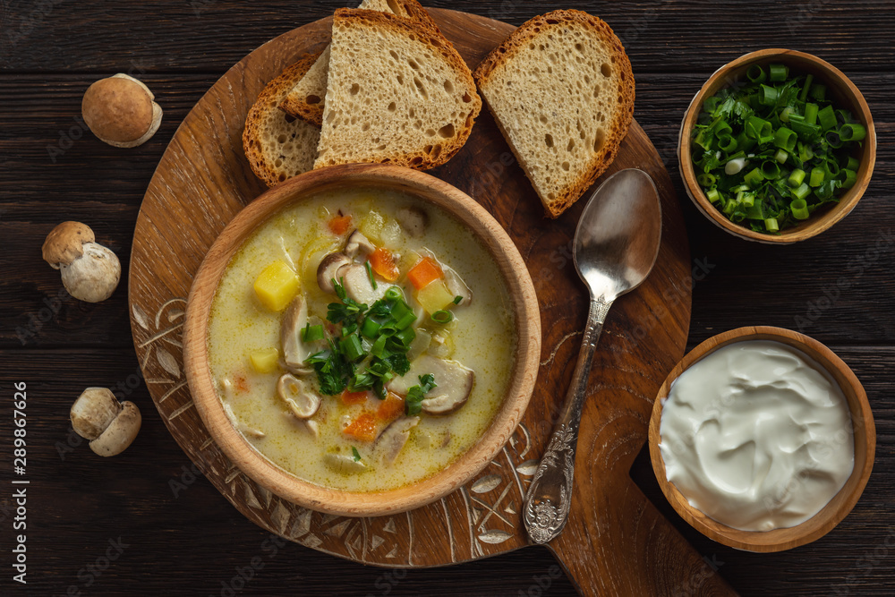Homemade wild mushroom soup on wooden tray. Homemade wild mushroom soup on wooden tray.