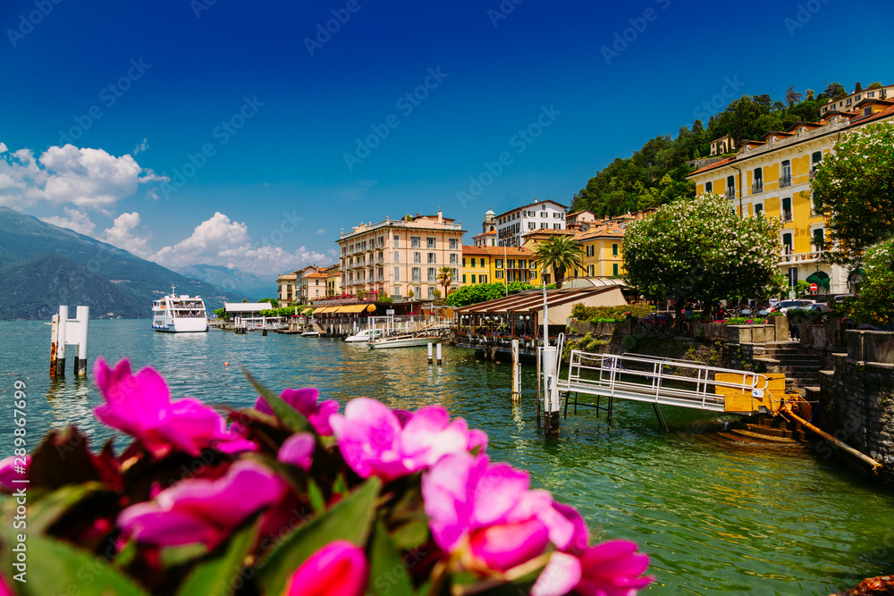 View of Lake Como shore in Bellagio town, Lombardy region, Italy
