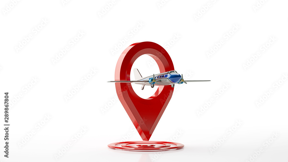 Stylized representation of traveling by plane to a new destination, an airplane crosses a position marker, 3d illustration, 3d rendering Stylized representation of traveling by plane to a new destination, an airplane crosses a position marker, 3d illustration, 3d rendering