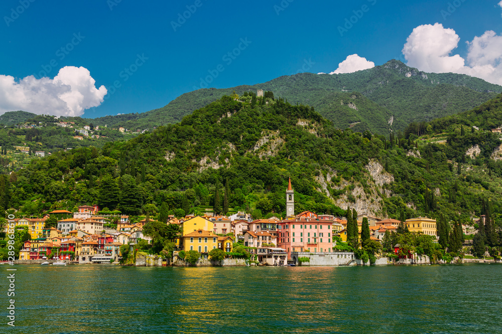 Colorful Varenna town seen from the Lake Como, Lombardy region, Italy