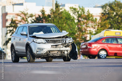 car crash accident on street. damaged automobiles