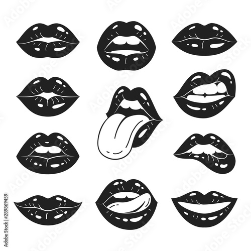 Lips collection. Vector illustration of sexy women's black and white lips, expressing different emotions, such as smile, kiss, half-open mouth, biting lip, lip licking, tongue out. Isolated on white.