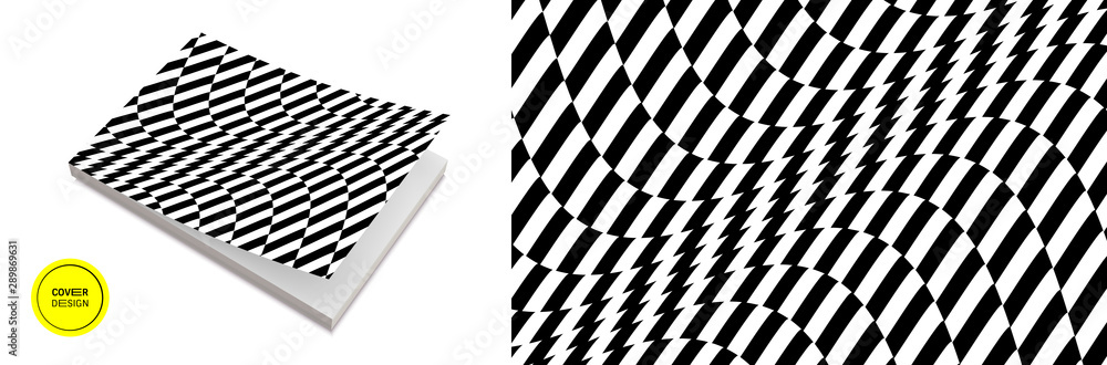 Obraz premium Cover design template. Black and white pattern with optical illusion. Applicable for placards, banners, book covers, brochures, planners or notebooks. 3d vector illustration.