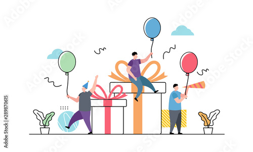 Happy birthday party people hold balloons flat vector illustration concept can be used for landing page, ui, web, app intro card, editorial, flyer, and banner.