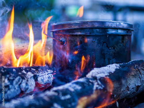 Fotografie Bowler Sasha at the stake, Cooking food at the stake outdoors scene