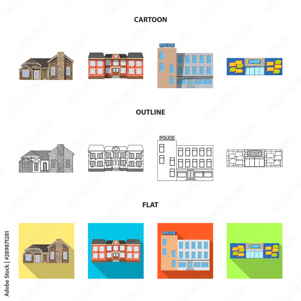 Vector illustration of building and front sign. Collection of building and roof stock vector illustration.