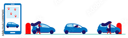 Car sharing via smartphone. The woman rented a car and went on business. Flat vector. Electric car for rent. Large smartphone with parking points.