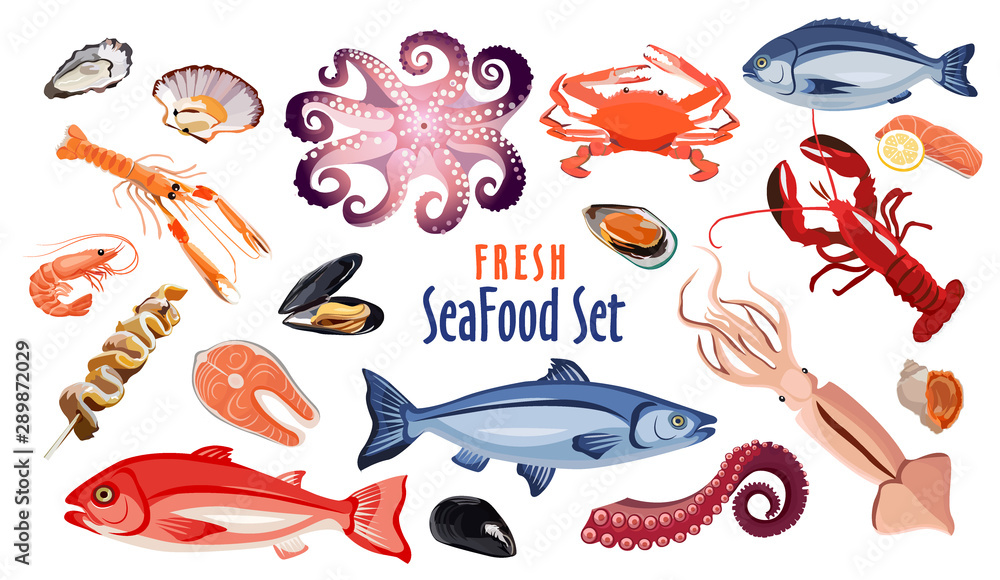 Naklejka premium Fresh seafood icon set, products for restaurant or cafe design