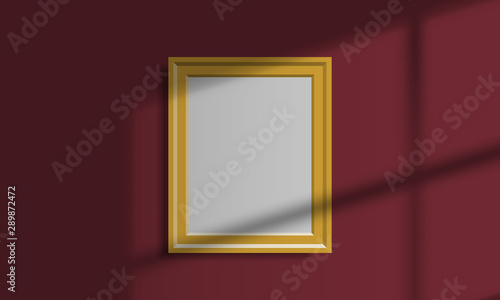 blank picture with golden frame on the wall window light shadow overlay effect mock up