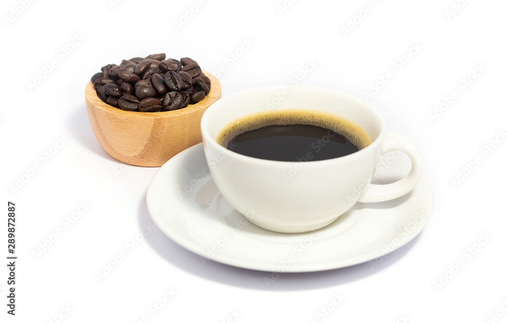 Black coffee in white cup with coffee beans in wooden bowl. isolated on white Black coffee in white cup with coffee beans in wooden bowl. isolated on white