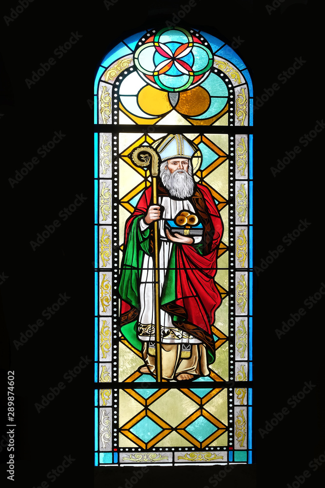 Saint Nicholas, stained glass window in the Shrine of the Queen of Peace in Hrasno, Bosnia and Herzegovina Saint Nicholas, stained glass window in the Shrine of the Queen of Peace in Hrasno, Bosnia and Herzegovina