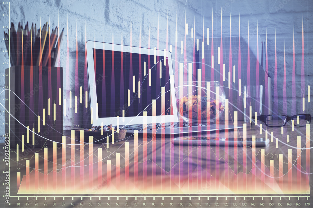 Double exposure of chart and financial info and work space with computer background. Concept of international online trading. Double exposure of chart and financial info and work space with computer background. Concept of international online trading.