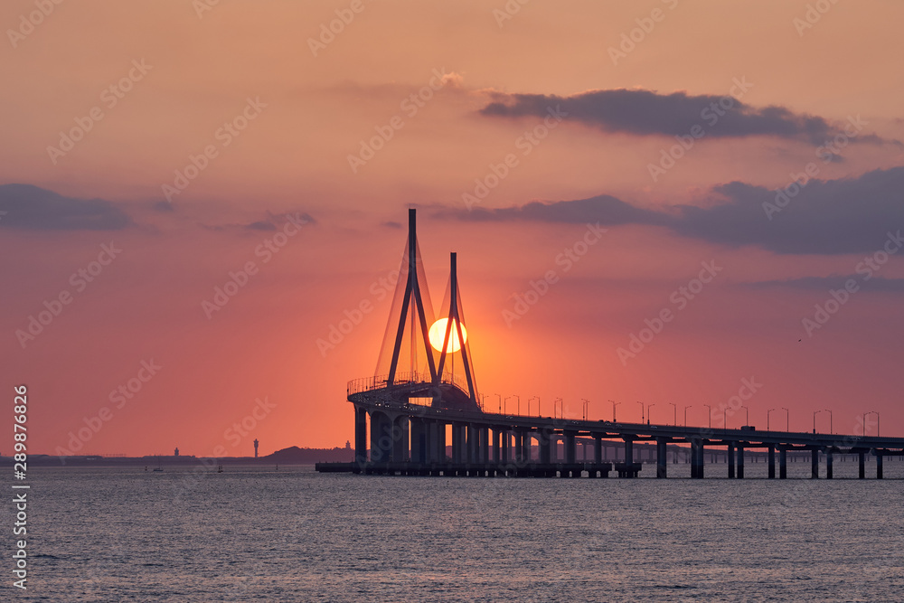 The sunset of Incheon Bridge from New Songdo City, Korea