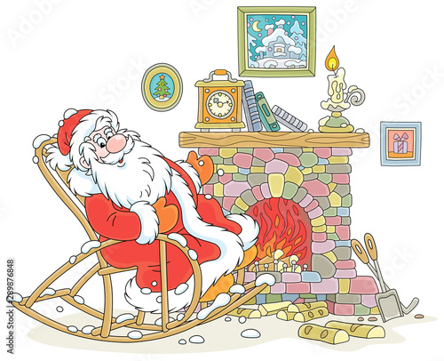 Santa Claus sitting in his creaking rocking chair and basking by an old fireplace with a mantel clock after a winter walk through a snowy forest, vector illustration in a cartoon style