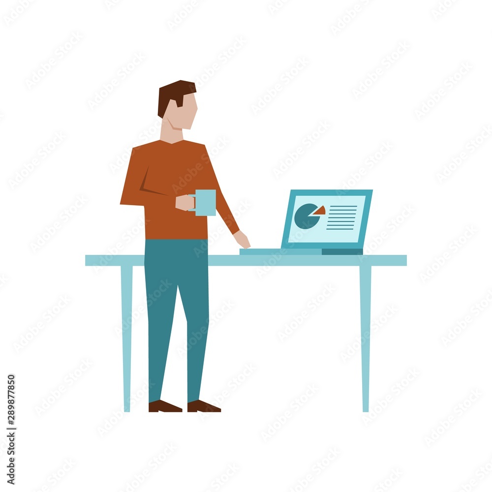 Man standing at his workplace and drink coffee or tea. Guy holding cup of tea or coffee near near laptop on the table. Flat design vector illustration Man standing at his workplace and drink coffee or tea. Guy holding cup of tea or coffee near near laptop on the table. Flat design vector illustration