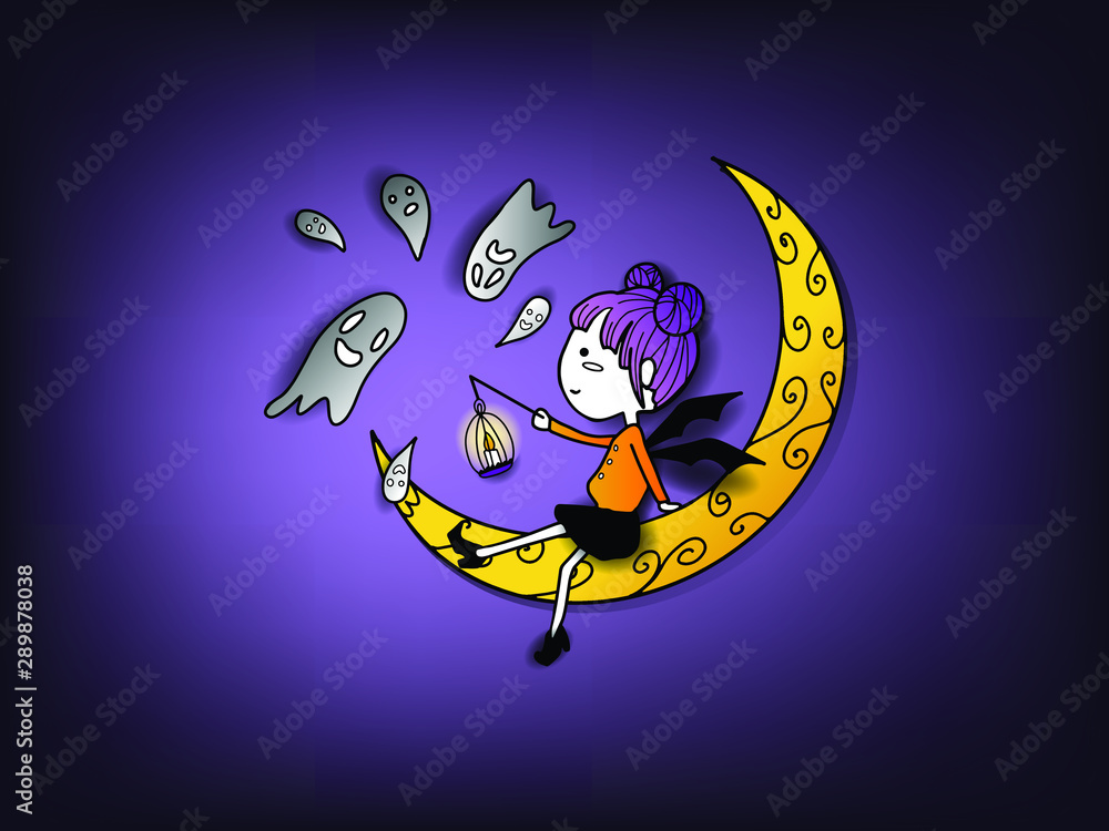colorful kawaii cute hand draw doodle art, the witch is sitting on the crescent moon with ghost