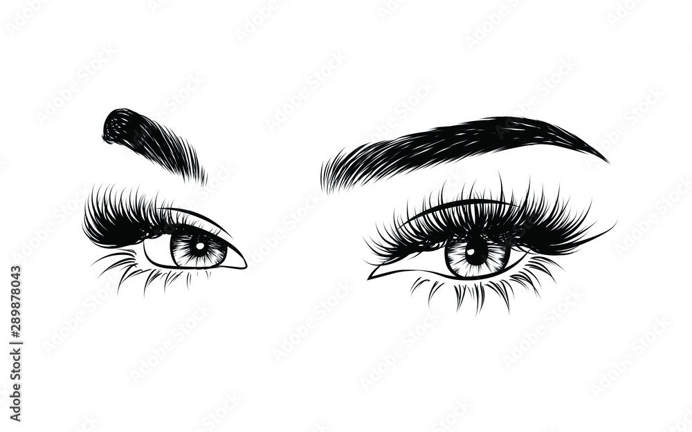 Hand-drawn woman's sexy luxurious eye with perfectly shaped eyebrows and full lashes. Idea for business visit card, typography vector. Perfect salon look. Hand-drawn woman's sexy luxurious eye with perfectly shaped eyebrows and full lashes. Idea for business visit card, typography vector. Perfect salon look.