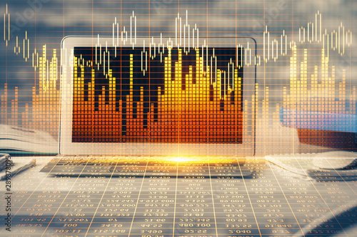 Multi exposure of graph and financial info and work space with computer background. Concept of international online trading. © peshkova