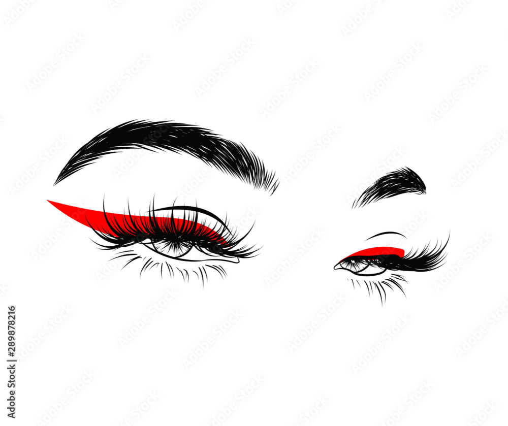 Hand-drawn woman's sexy luxurious eye with perfectly shaped eyebrows and full lashes. Idea for business visit card, typography vector. Perfect salon look. Hand-drawn woman's sexy luxurious eye with perfectly shaped eyebrows and full lashes. Idea for business visit card, typography vector. Perfect salon look.