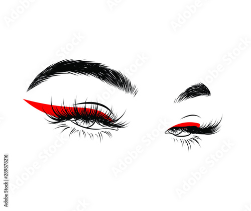 Hand-drawn woman's sexy luxurious eye with perfectly shaped eyebrows and full lashes. Idea for business visit card, typography vector. Perfect salon look.