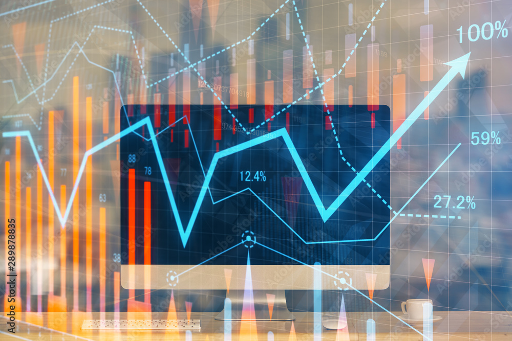 Forex market chart hologram and personal computer background. Double exposure. Concept of investment. Forex market chart hologram and personal computer background. Double exposure. Concept of investment.