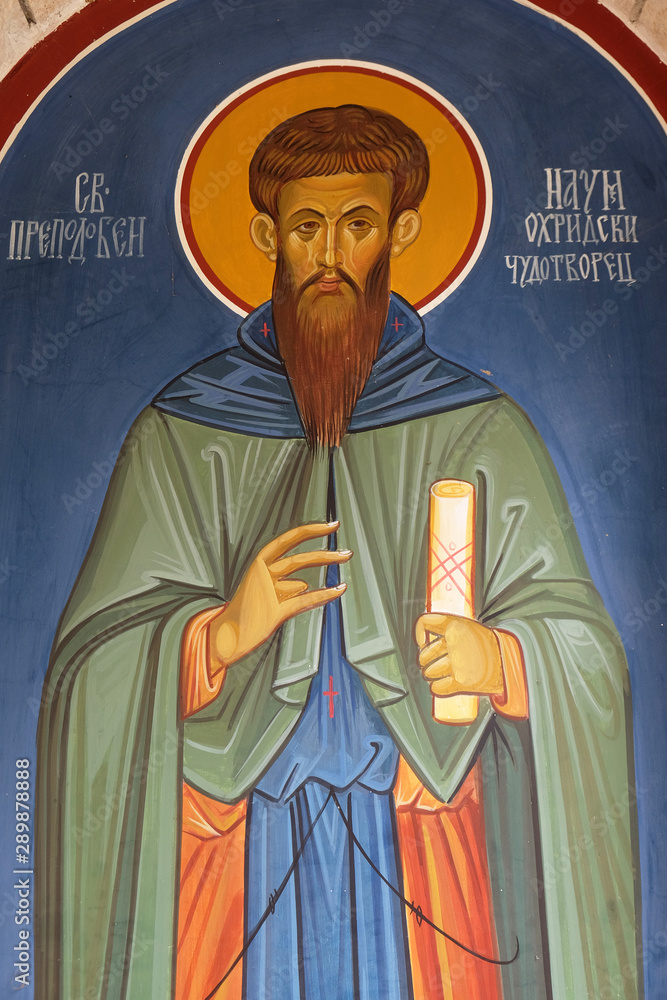 Naklejka premium Saint Naum of Ohrid, fresco in the Church of Saint Paraskeva of the Balkans near Saint Naum Monastery, Ohrid in Macedonia