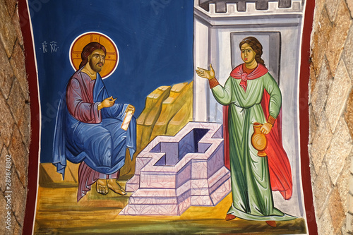 Jesus and the Samaritan woman, fresco in the Church of Saint Paraskeva of the Balkans near Saint Naum Monastery, Ohrid in Macedonia