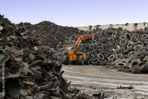 Tire Recycling Plant / Pile of tires prepared for recycling at the factory