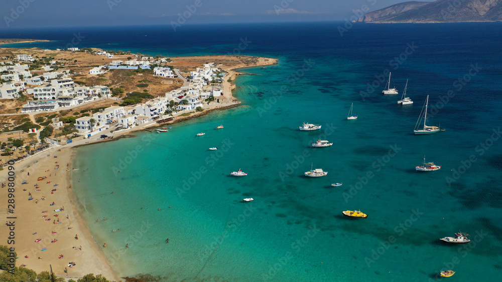 Aerial drone photo of main town and port of Koufonisi island, Small Cyclades, Greece