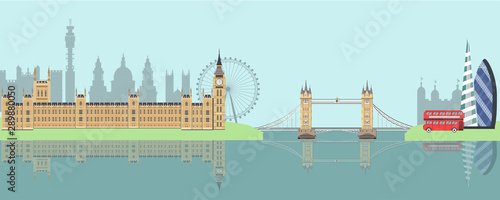 Panorama of London flat style vector illustration. Istanbul architecture. Cartoon London symbols and objects. London city skyline vector background. Flat trendy illustration.