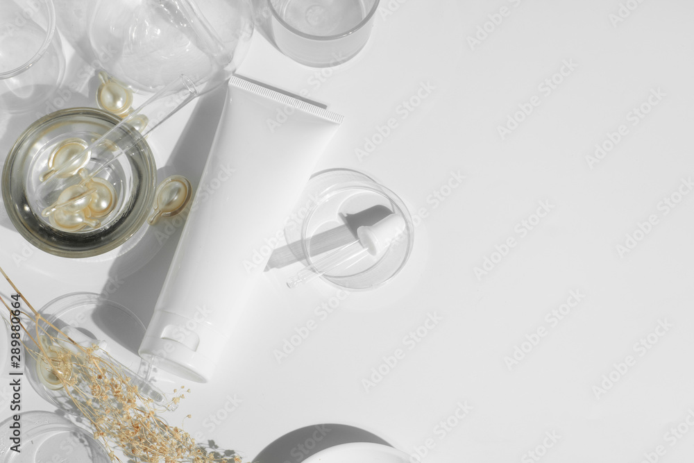 beauty spa medical skincare and cosmetic lotion bottle cream spray packaging product on white decor background with doctor health science laboratory glass test beauty spa medical skincare and cosmetic lotion bottle cream spray packaging product on white decor background with doctor health science laboratory glass test