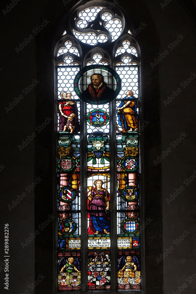 Stained glass window in the St James Church in Rothenburg ob der Tauber, Germany