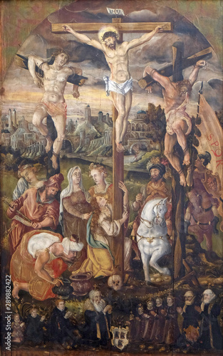 Crucifixion on Calvary hill, painting in the St James Church in Rothenburg ob der Tauber, Germany