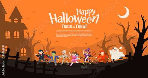 Happy Halloween. Children dressed in Halloween fancy dress to go Trick or Treating.Template for advertising brochure.