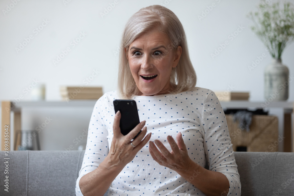 Excited mature woman using phone, reading good news in message Excited mature woman using phone, reading good news in message