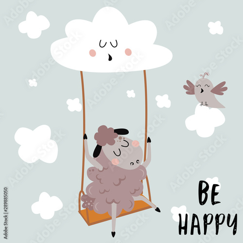 poster with a lamb on a swing - vector illustration, eps