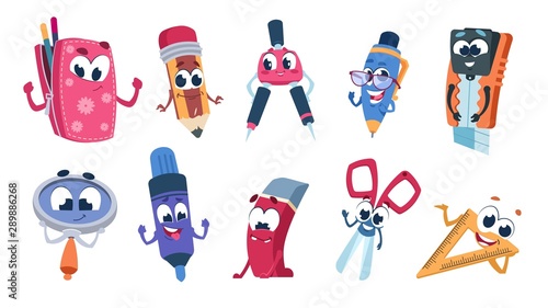 School cartoon characters. Student stationery mascots with smile faces, flat cut collection of funny educational supplies. Vector illustration set happy expressions colorful education objects